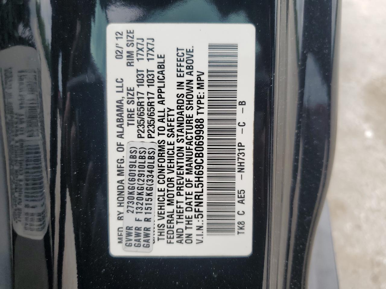 5FNRL5H69CB069988 2012 Honda Odyssey Exl