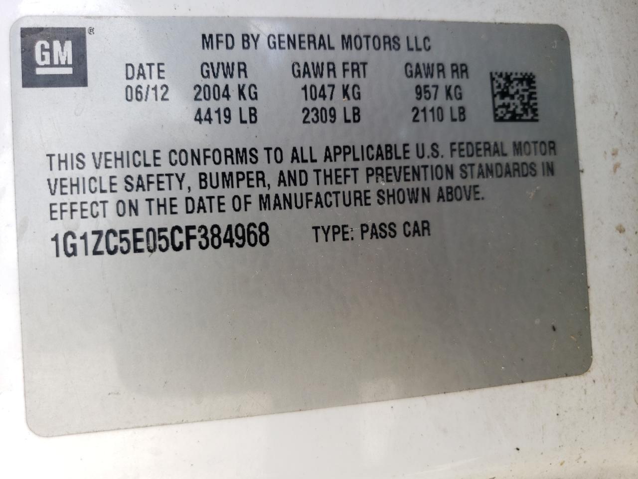 1G1ZC5E05CF384968 2012 Chevrolet Malibu 1Lt