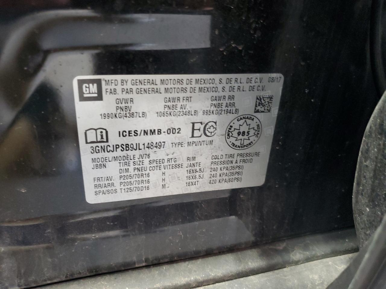 3GNCJPSB9JL148497 2018 Chevrolet Trax 1Lt