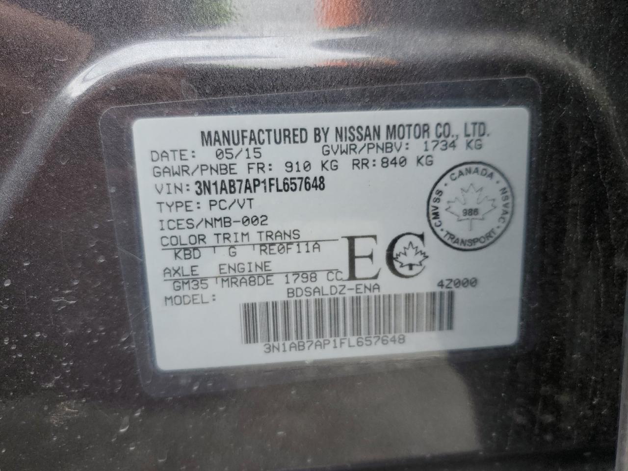 3N1AB7AP1FL657648 2015 Nissan Sentra S