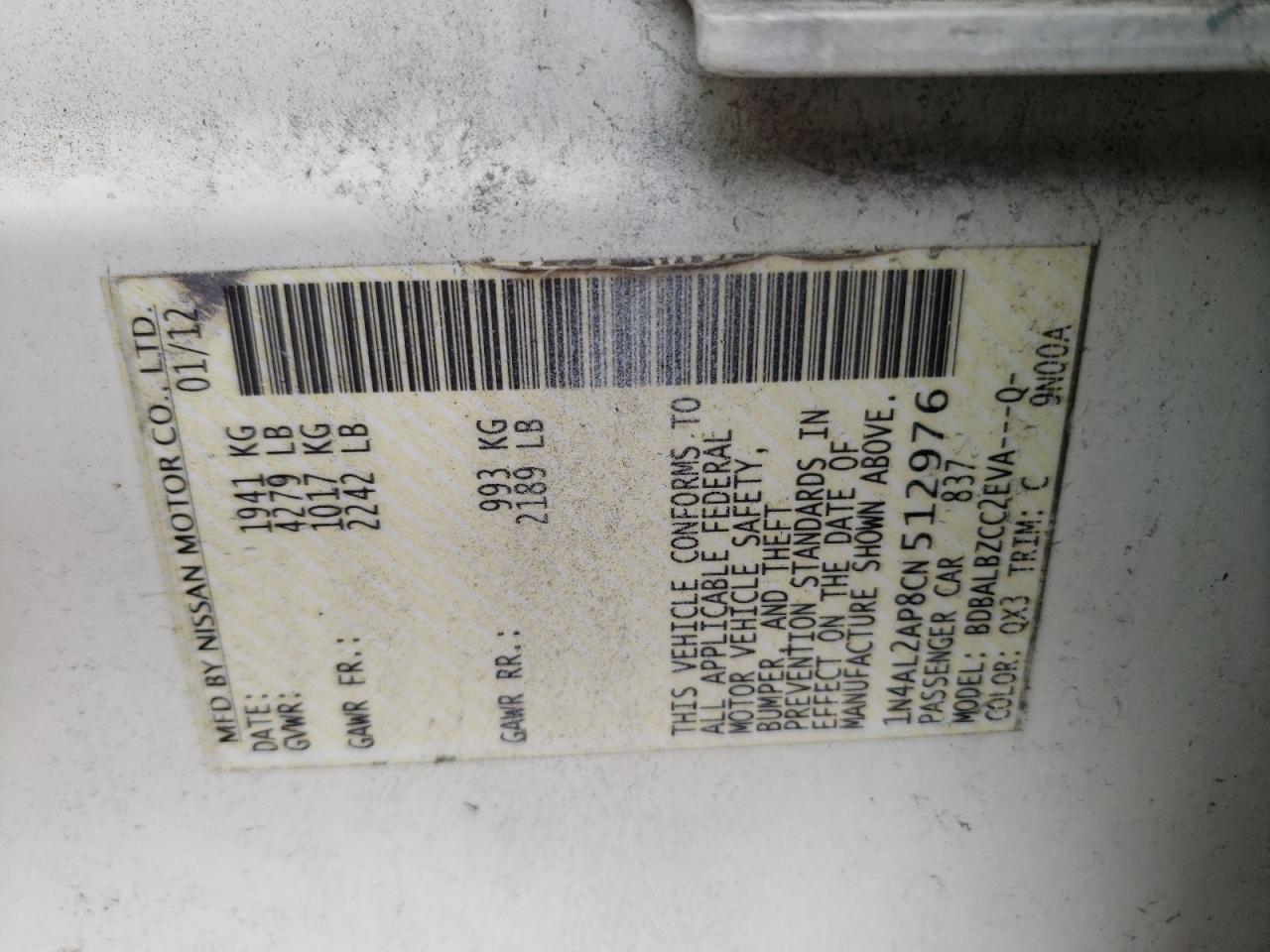 2012 Nissan Altima Base vin: 1N4AL2AP8CN512976