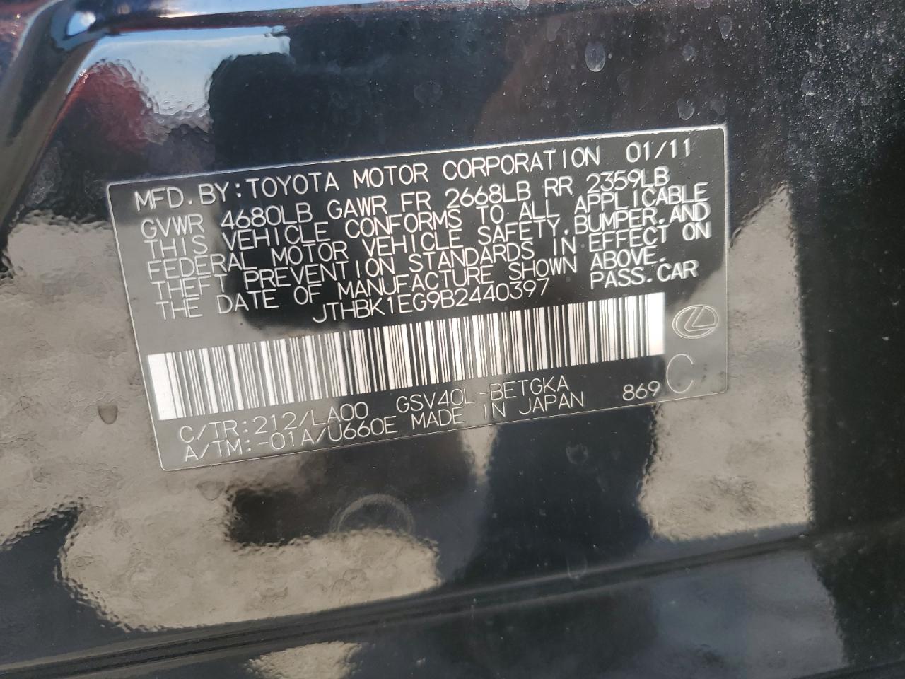 JTHBK1EG9B2440397 2011 Lexus Es 350