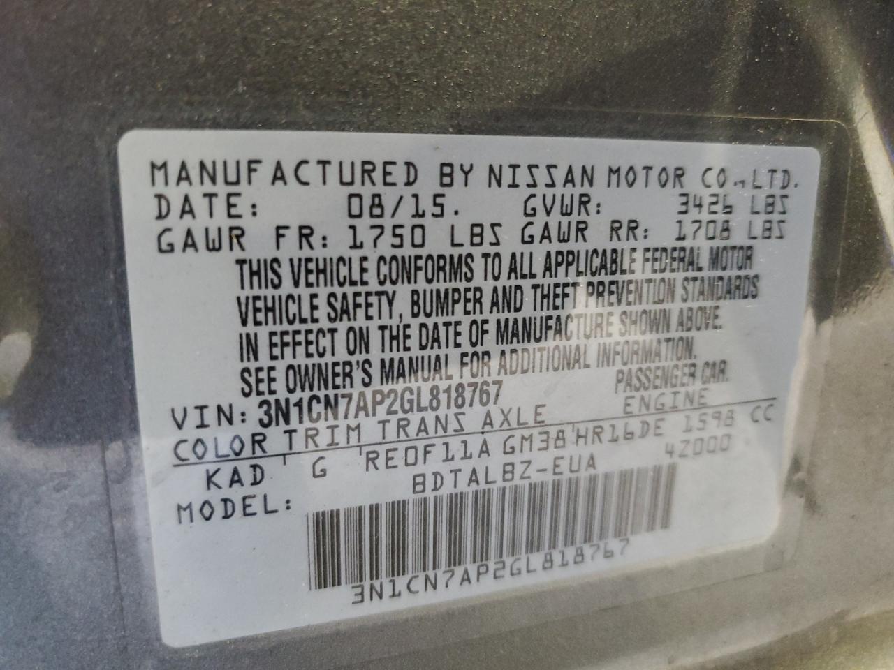 3N1CN7AP2GL818767 NISSAN VERSA 2016
