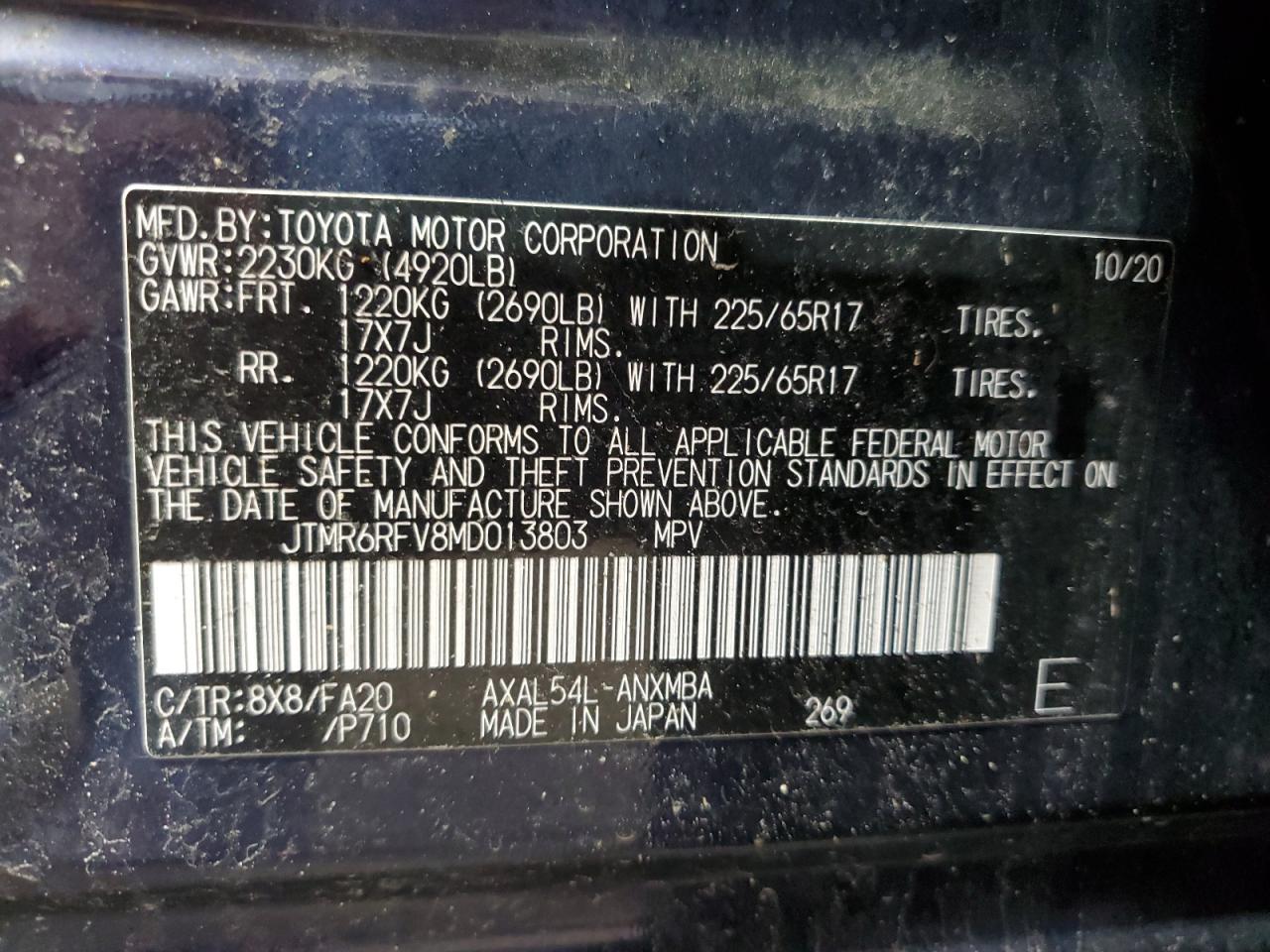 JTMR6RFV8MD013803 2021 Toyota Rav4 Xle