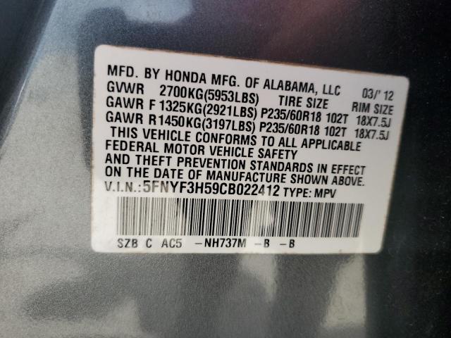 2012 Honda Pilot Exl VIN: 5FNYF3H59CB022412 Lot: 59084684