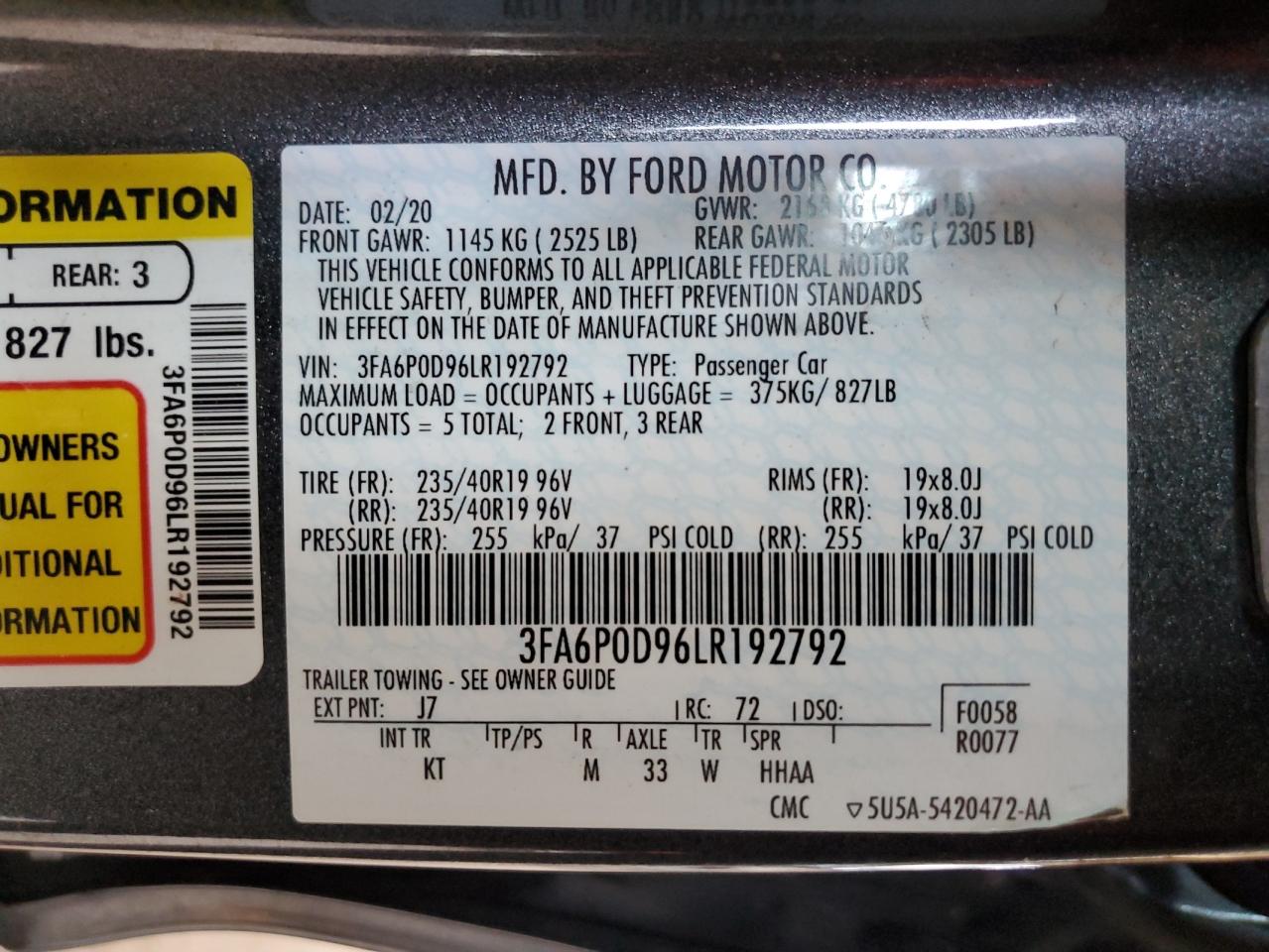 2020 Ford Fusion Titanium vin: 3FA6P0D96LR192792