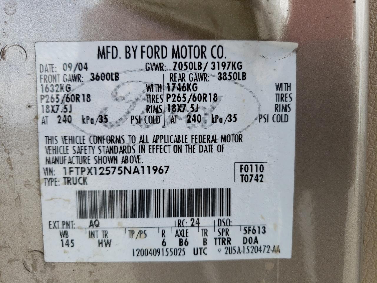 1FTPX12575NA11967 2005 Ford F150