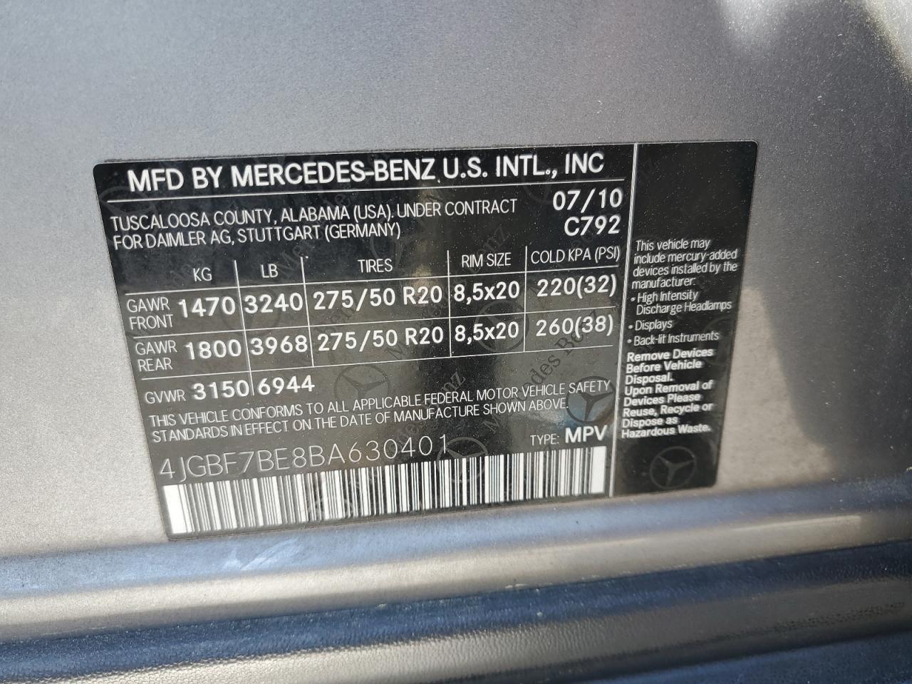 4JGBF7BE8BA630401 2011 Mercedes-Benz Gl 450 4Matic