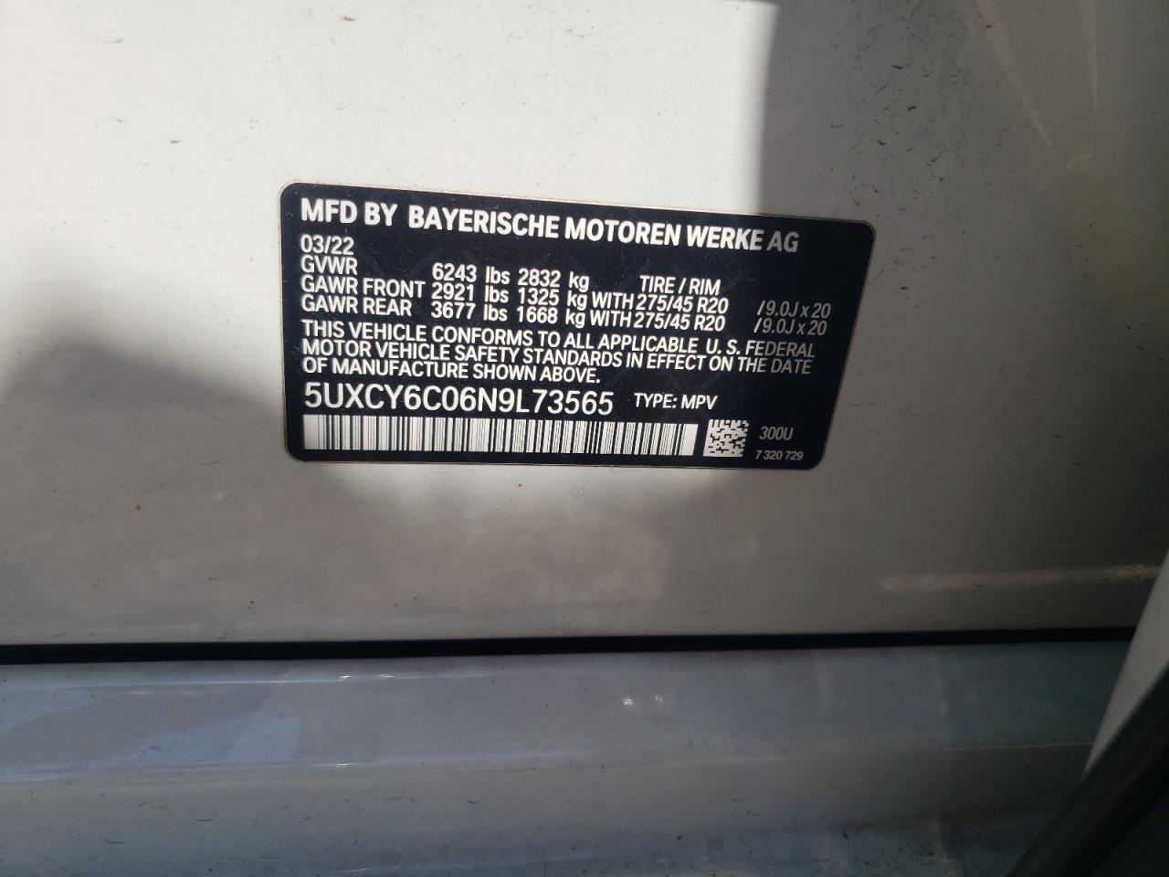 5UXCY6C06N9L73565 2022 BMW X6 xDrive40I