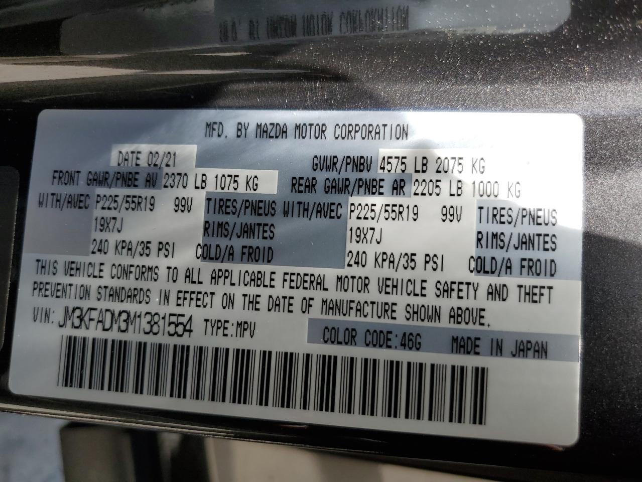 JM3KFADM3M1381554 2021 Mazda Cx-5 Grand Touring