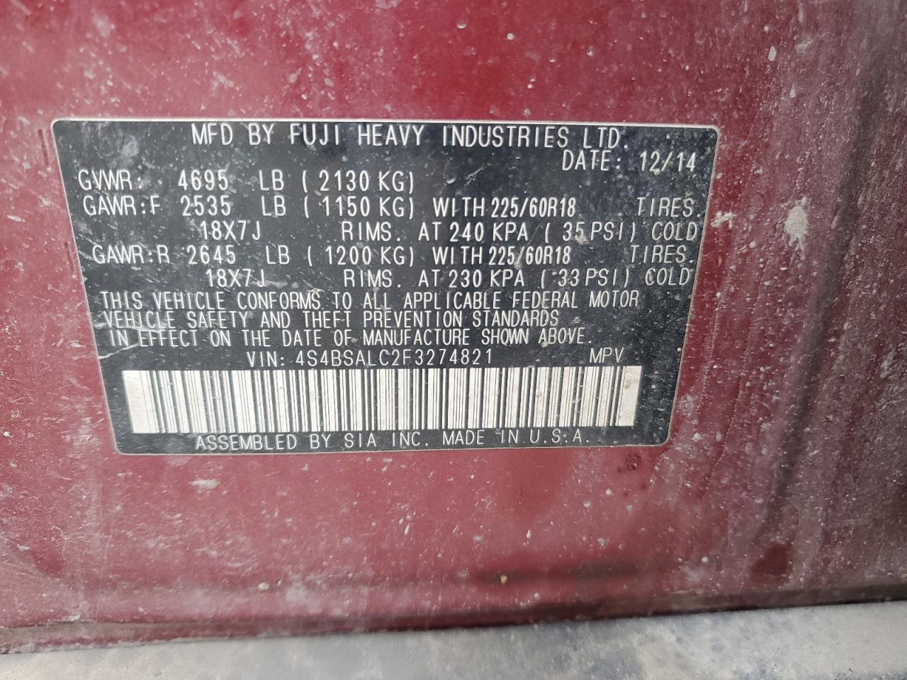 4S4BSALC2F3274821 2015 Subaru Outback 2.5I Limited