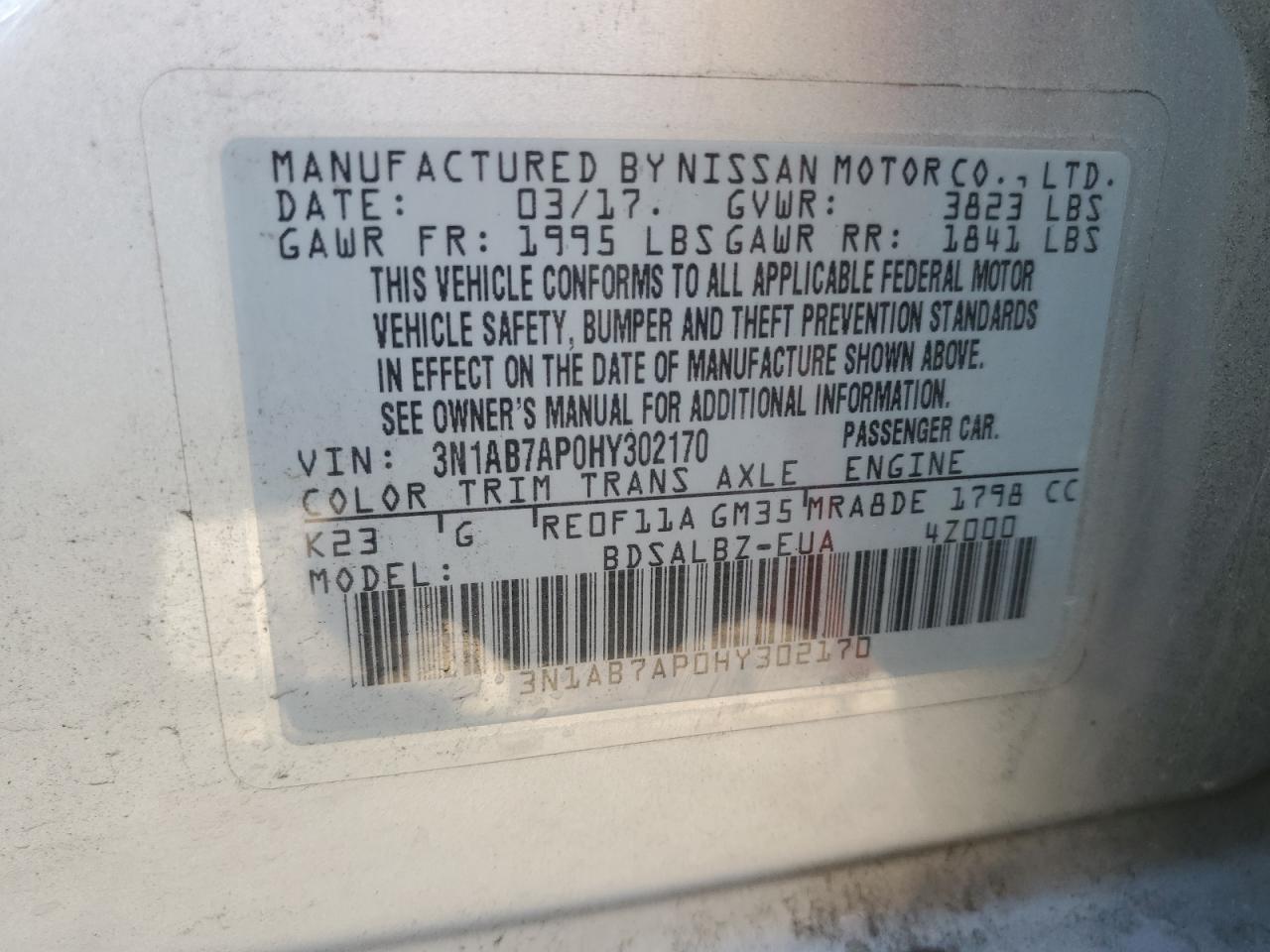 3N1AB7AP0HY302170 NISSAN SENTRA 2017