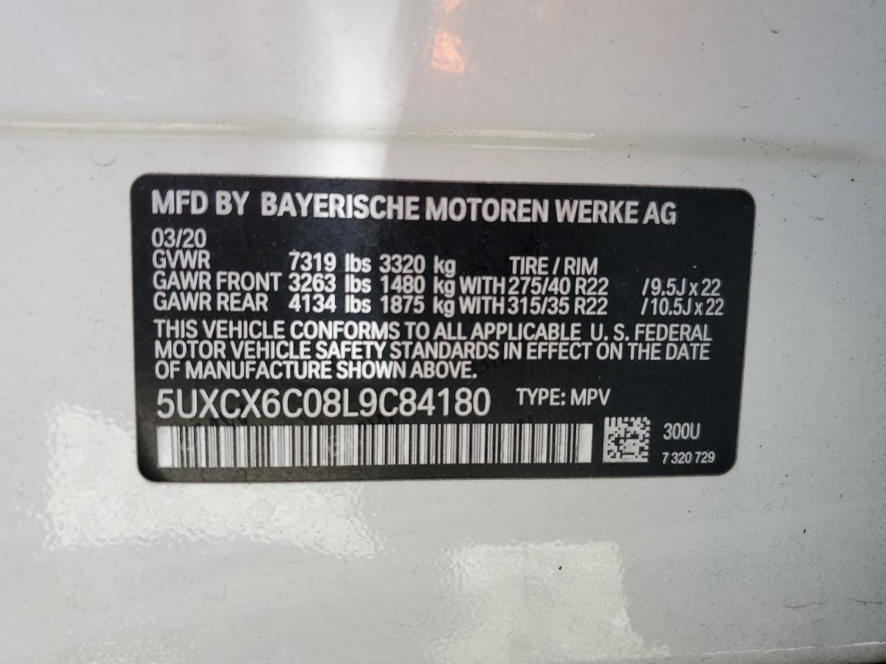 2020 BMW X7 M50I vin: 5UXCX6C08L9C84180