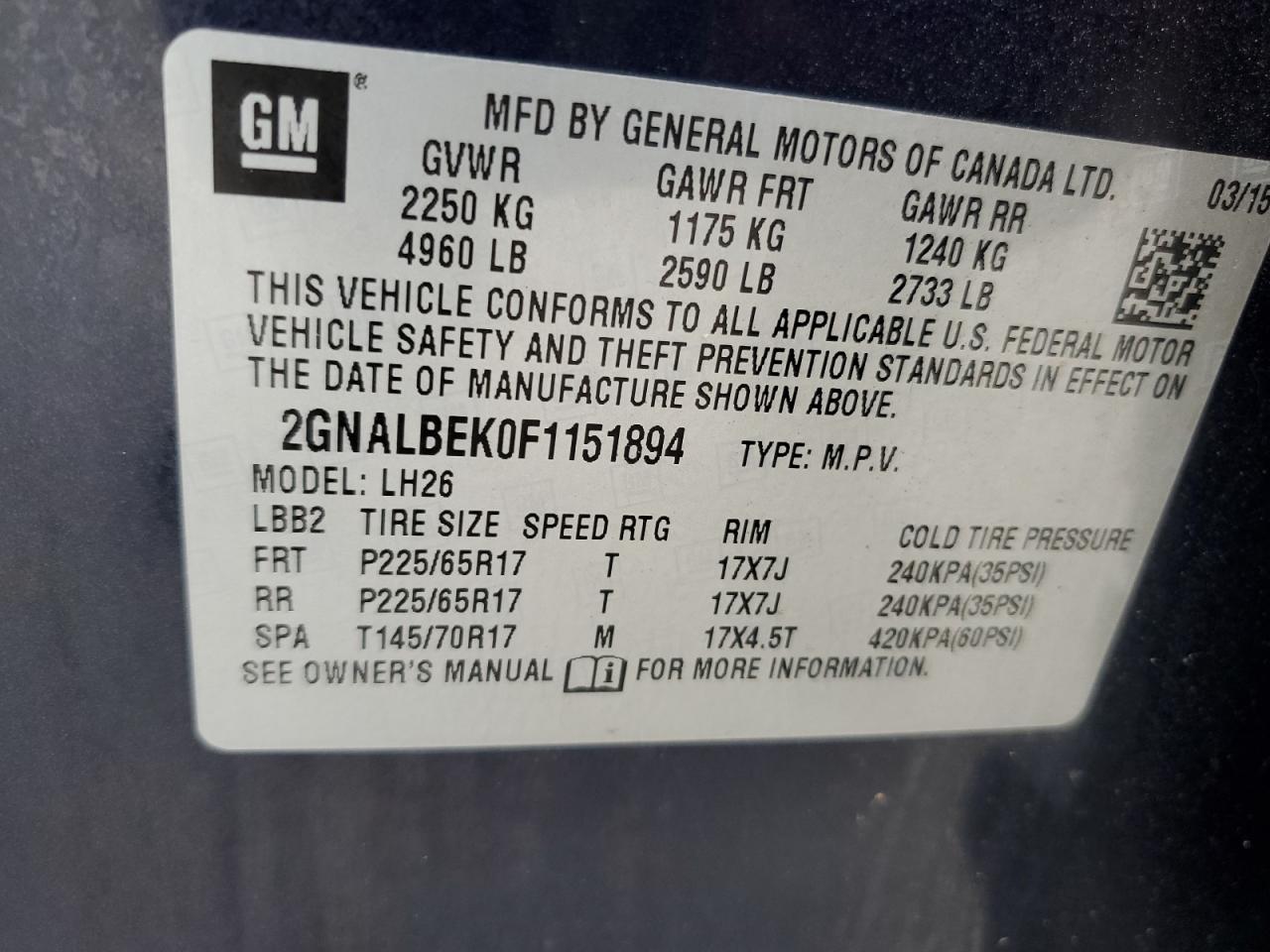 2GNALBEK0F1151894 2015 Chevrolet Equinox Lt