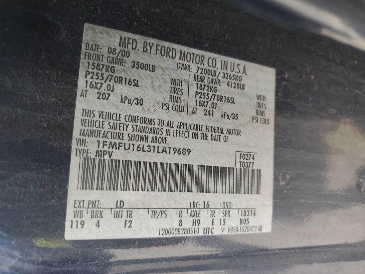 1FMFU16L31LA19689 2001 Ford Expedition Xlt