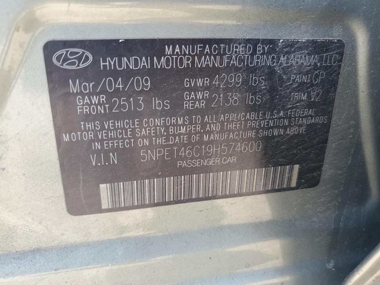 5NPET46C19H574600 2009 Hyundai Sonata Gls