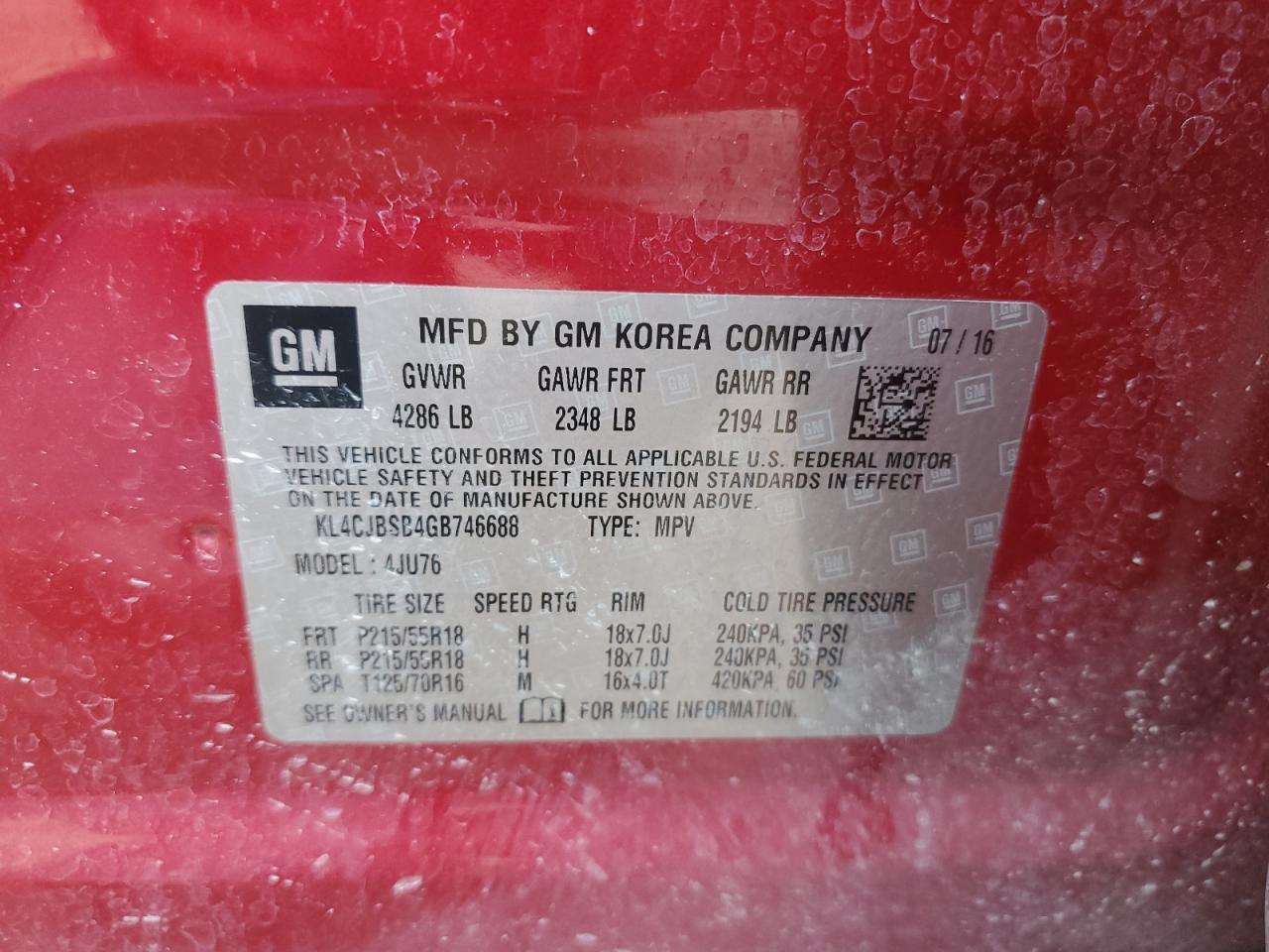 KL4CJBSB4GB746688 2016 Buick Encore Convenience