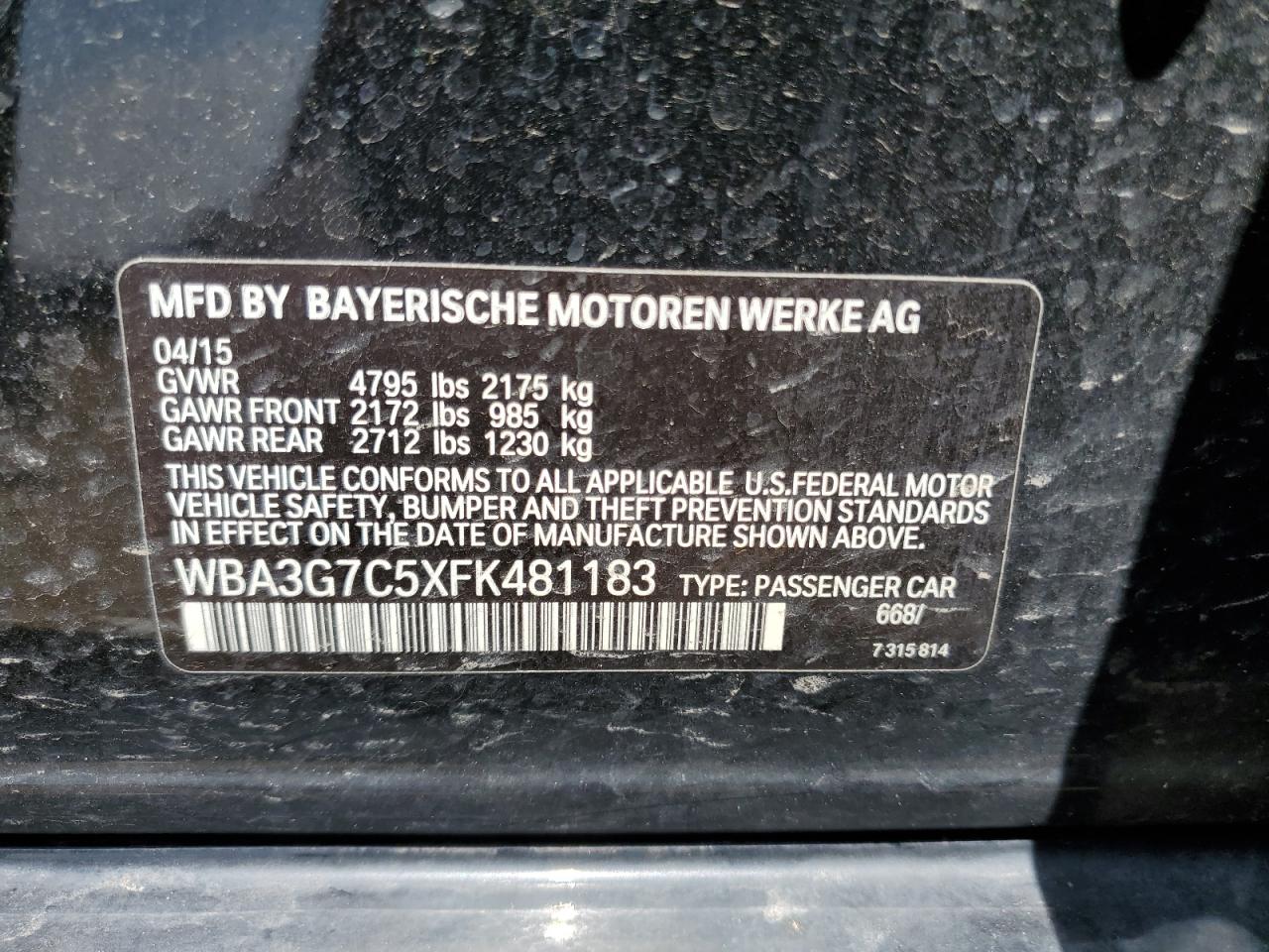 WBA3G7C5XFK481183 2015 BMW 328 Xi