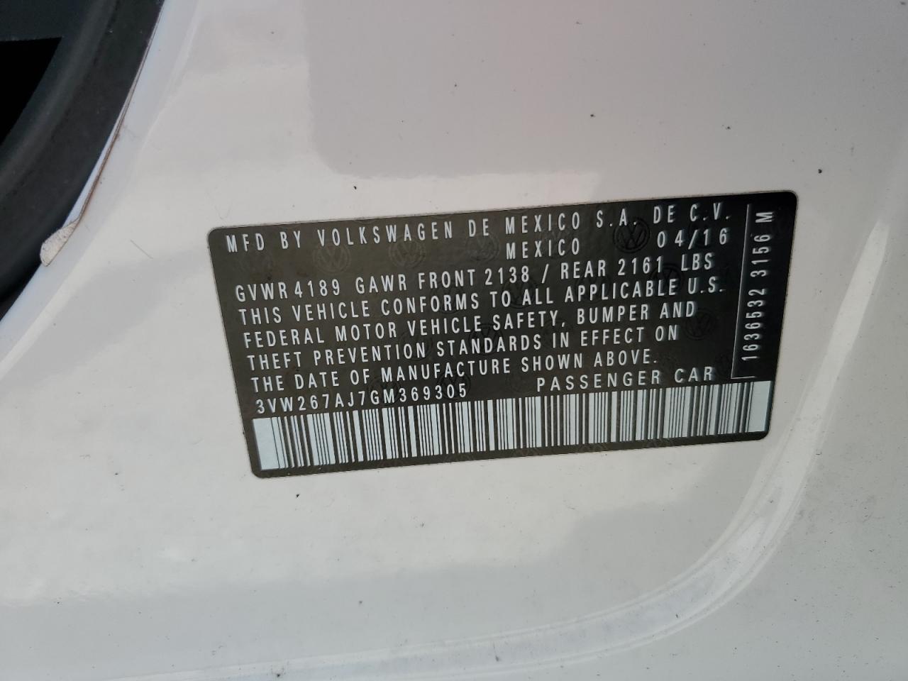 3VW267AJ7GM369305 2016 Volkswagen Jetta S