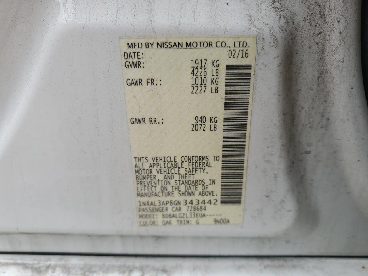 1N4AL3AP8GN343442 NISSAN ALTIMA 2016