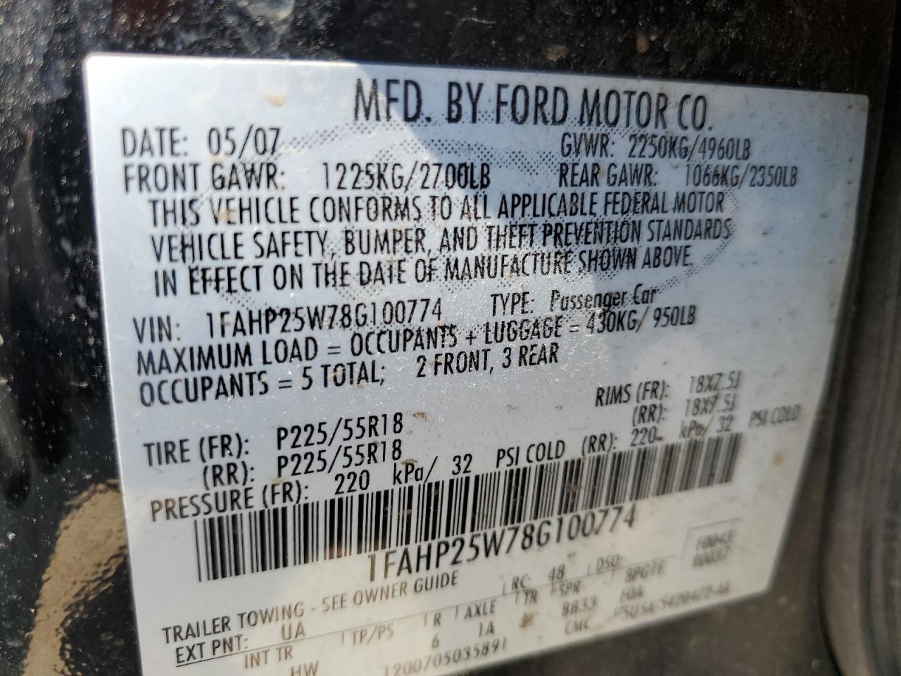 1FAHP25W78G100774 2008 Ford Taurus Limited