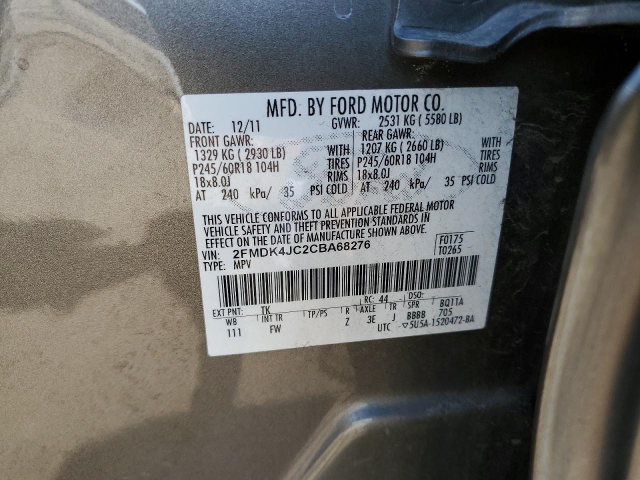 2FMDK4JC2CBA68276 2012 Ford Edge Sel