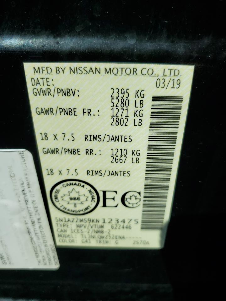 5N1AZ2MS9KN123475 NISSAN MURANO 2019