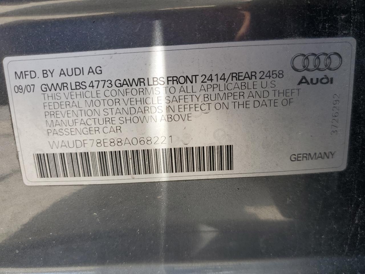 WAUDF78E88A068221 2008 Audi A4 2.0T Quattro