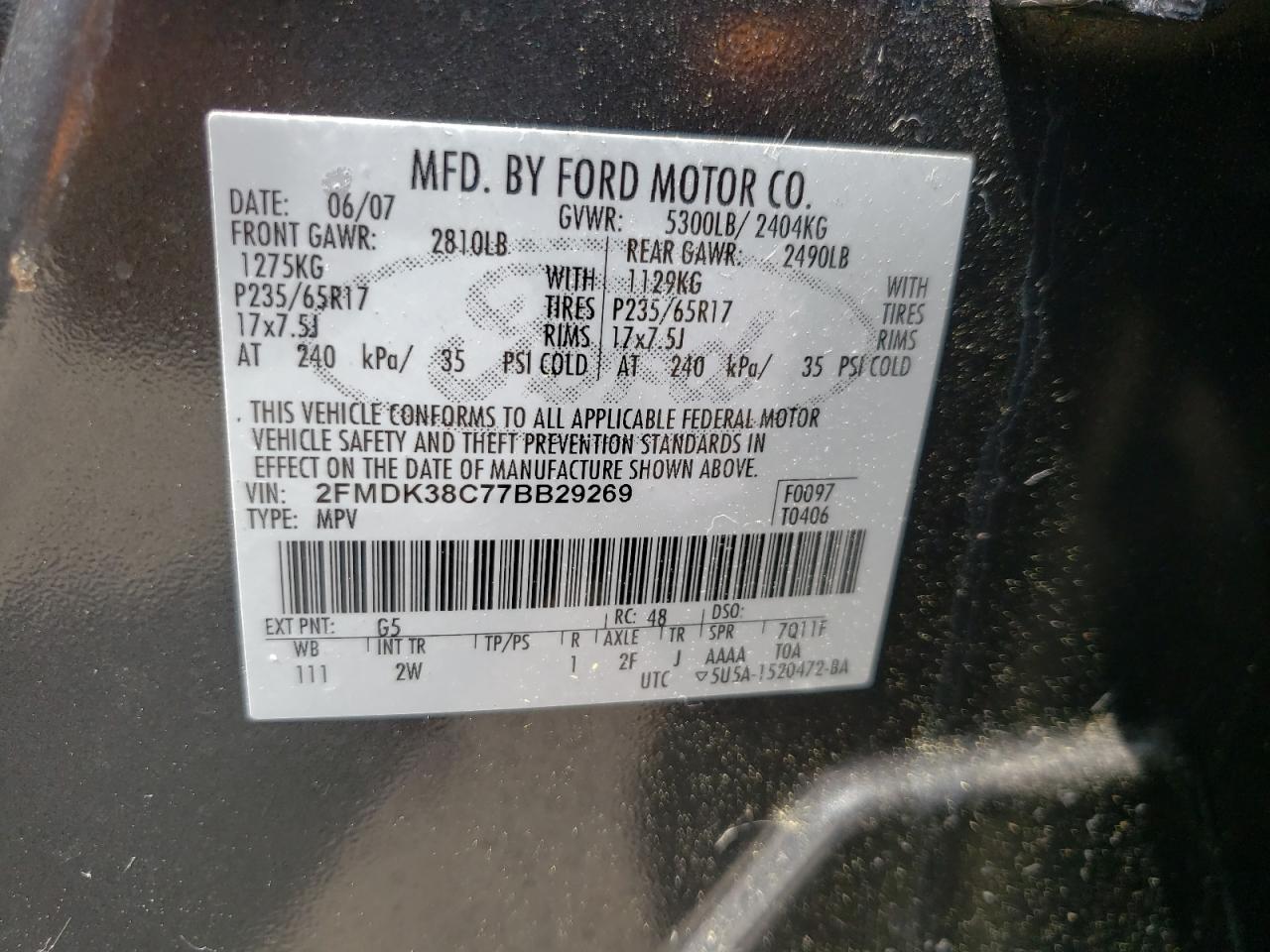 2FMDK38C77BB29269 2007 Ford Edge Sel