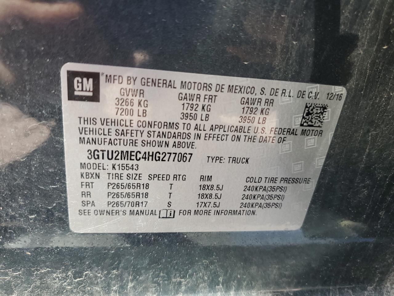 3GTU2MEC4HG277067 2017 GMC Sierra K1500 Sle