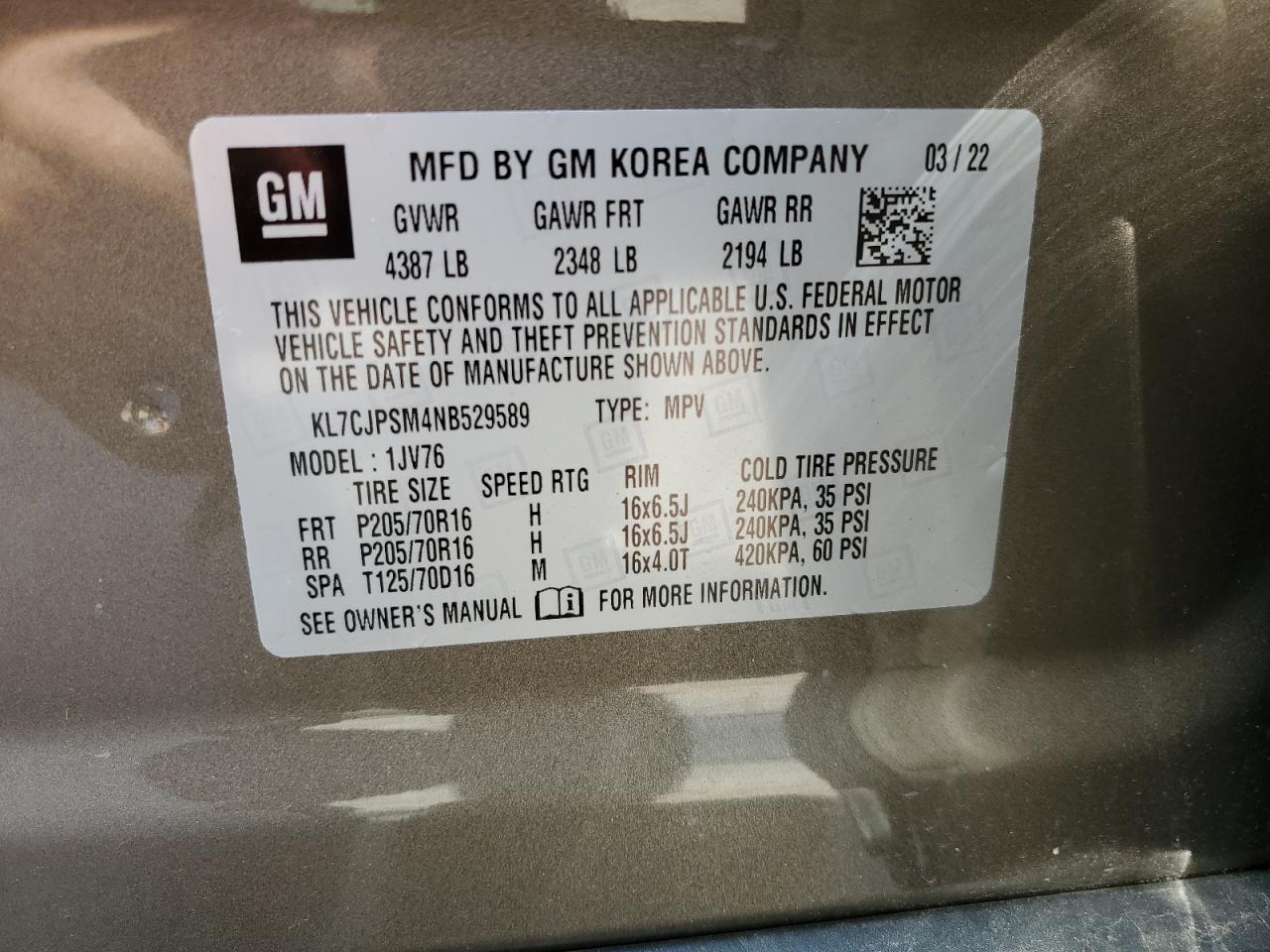 KL7CJPSM4NB529589 CHEVROLET TRAX 2022
