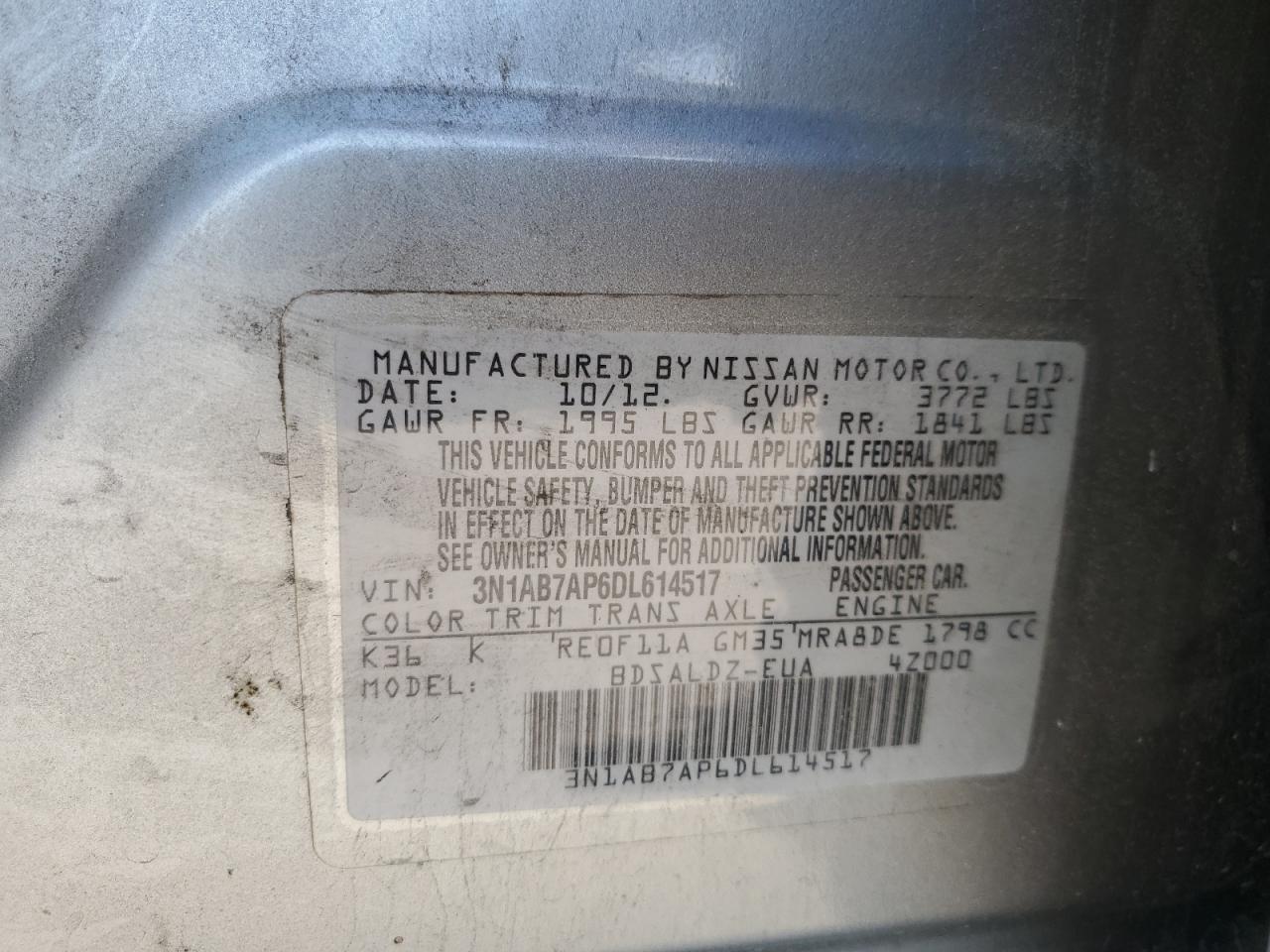 3N1AB7AP6DL614517 2013 Nissan Sentra S