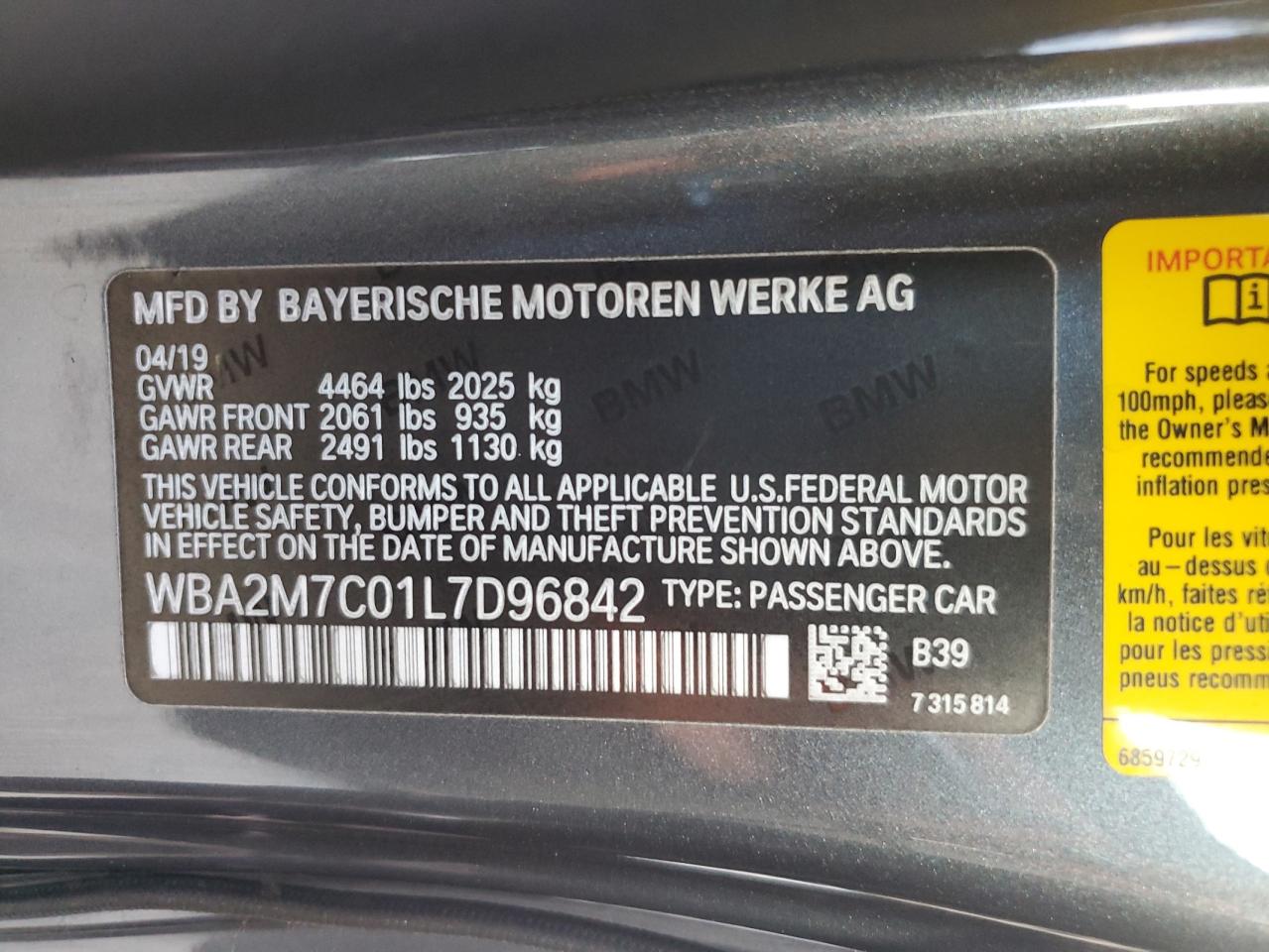 WBA2M7C01L7D96842 2020 BMW 230I