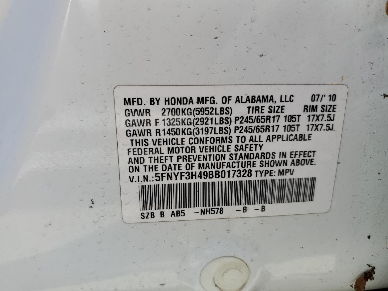 5FNYF3H49BB017328 2011 Honda Pilot Ex