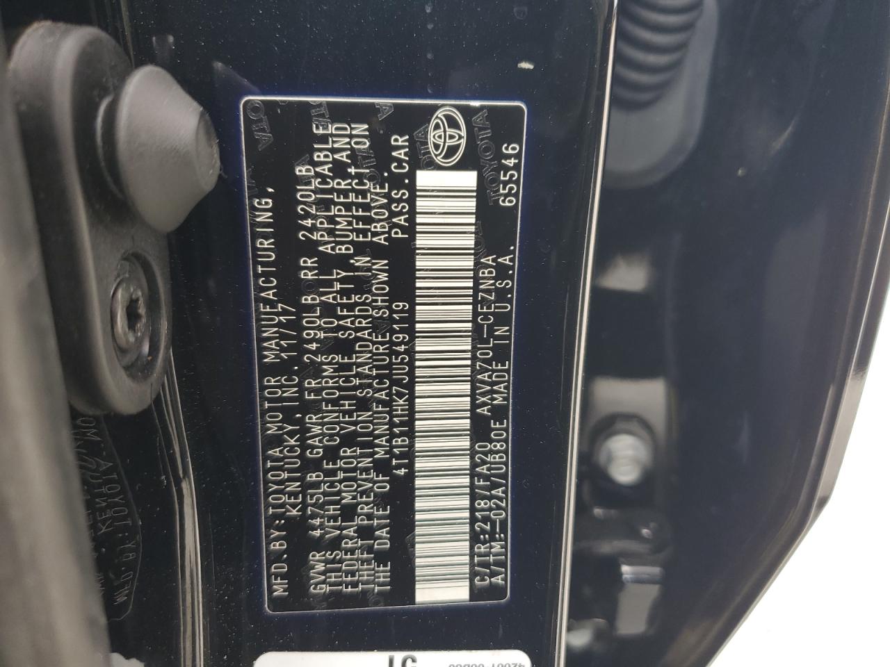 4T1B11HK7JU549119 TOYOTA CAMRY 2018