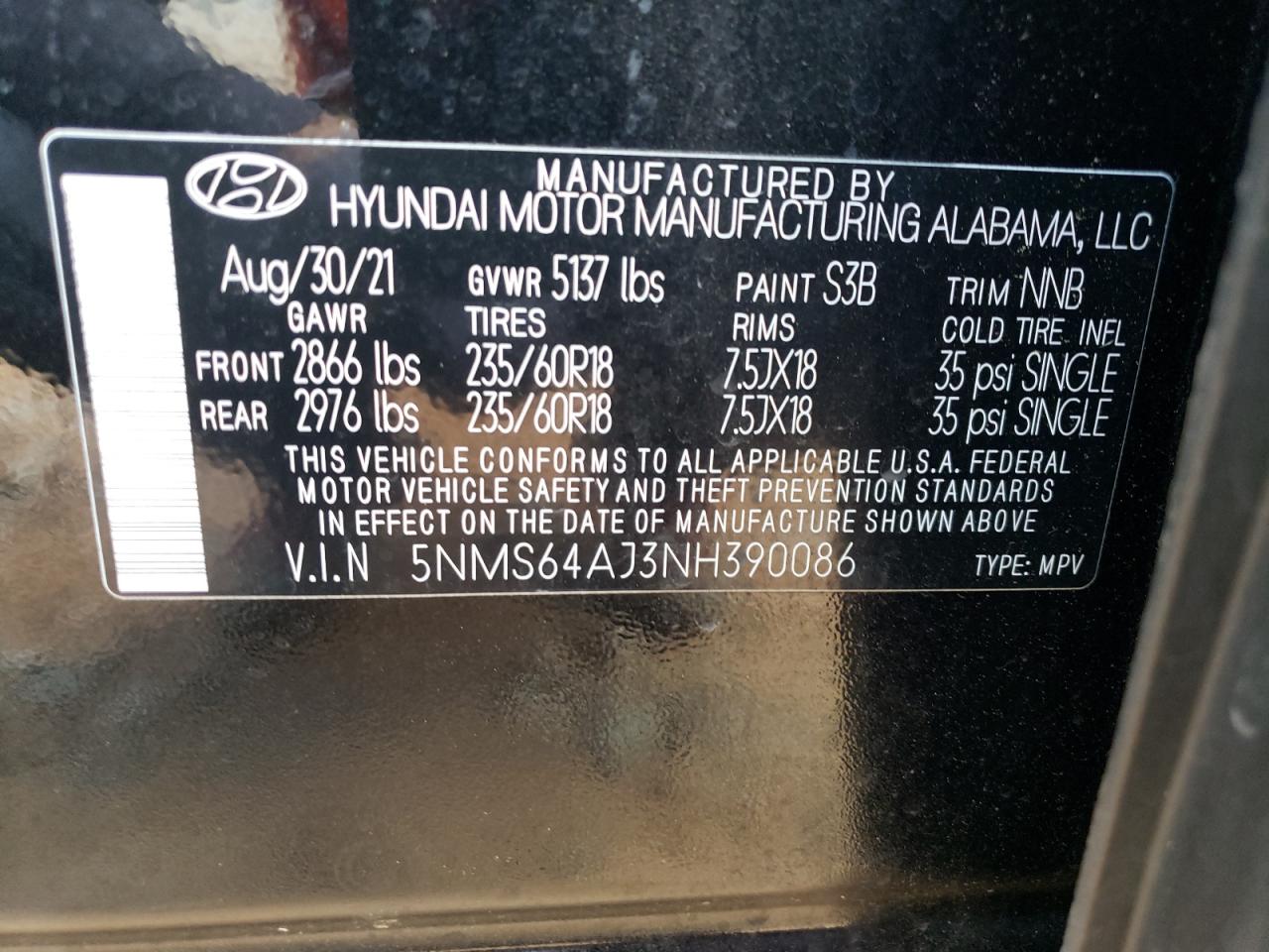 5NMS64AJ3NH390086 2022 Hyundai Santa Fe Sel