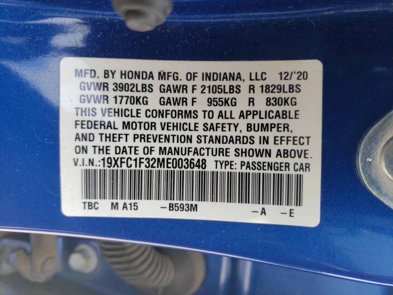 19XFC1F32ME003648 HONDA CIVIC 2021