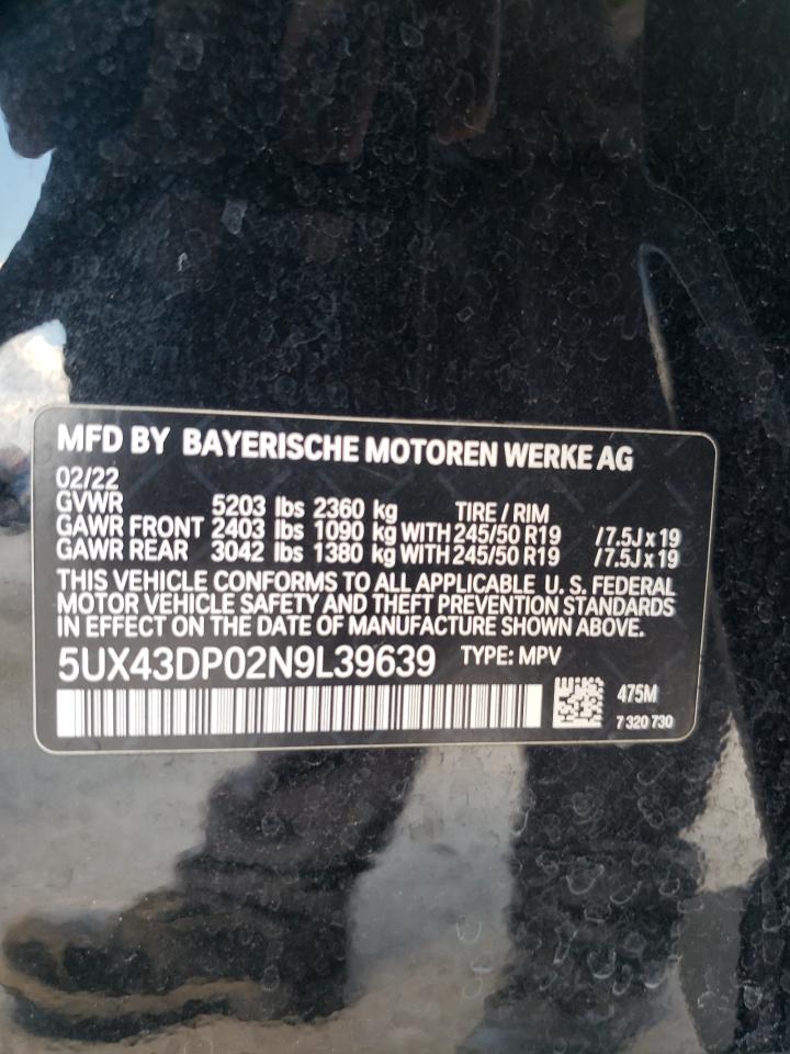 5UX43DP02N9L39639 2022 BMW X3 Sdrive30I