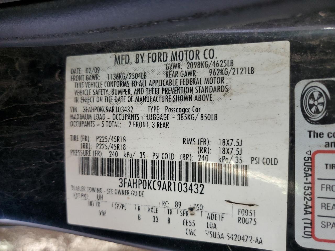 3FAHP0KC9AR103432 2010 Ford Fusion Sport