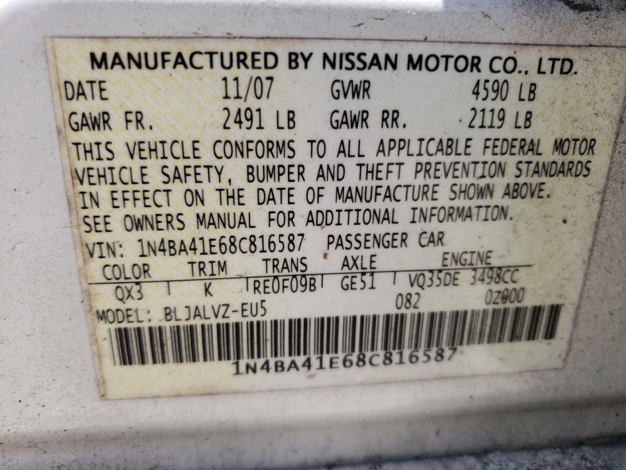 1N4BA41E68C816587 2008 Nissan Maxima Se