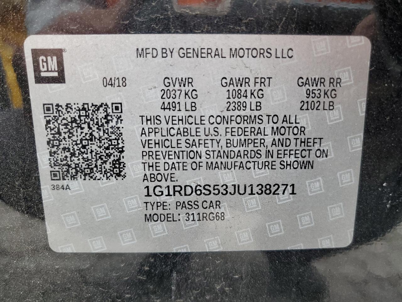 1G1RD6S53JU138271 2018 Chevrolet Volt Premier