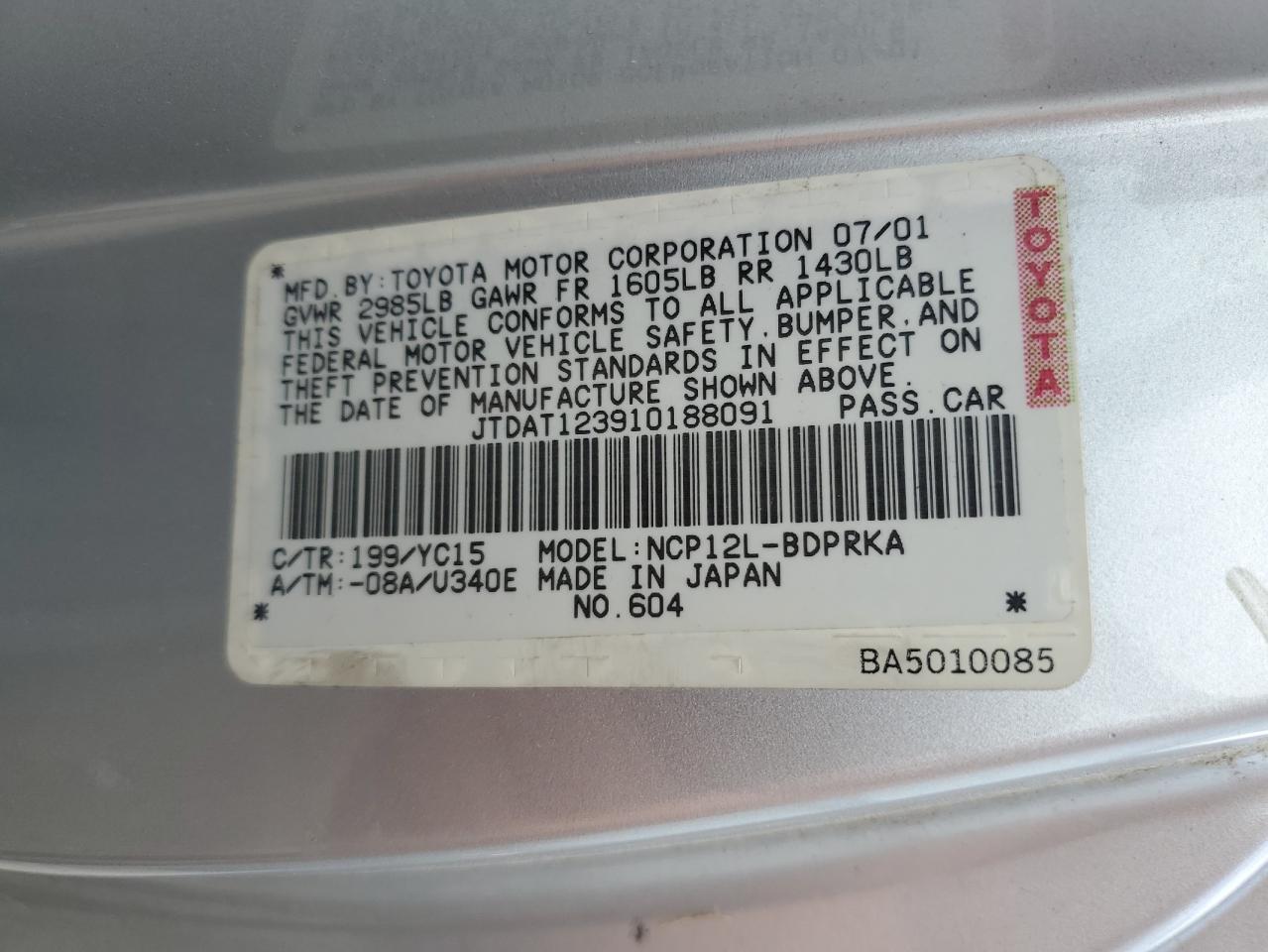 JTDAT123910188091 2001 Toyota Echo