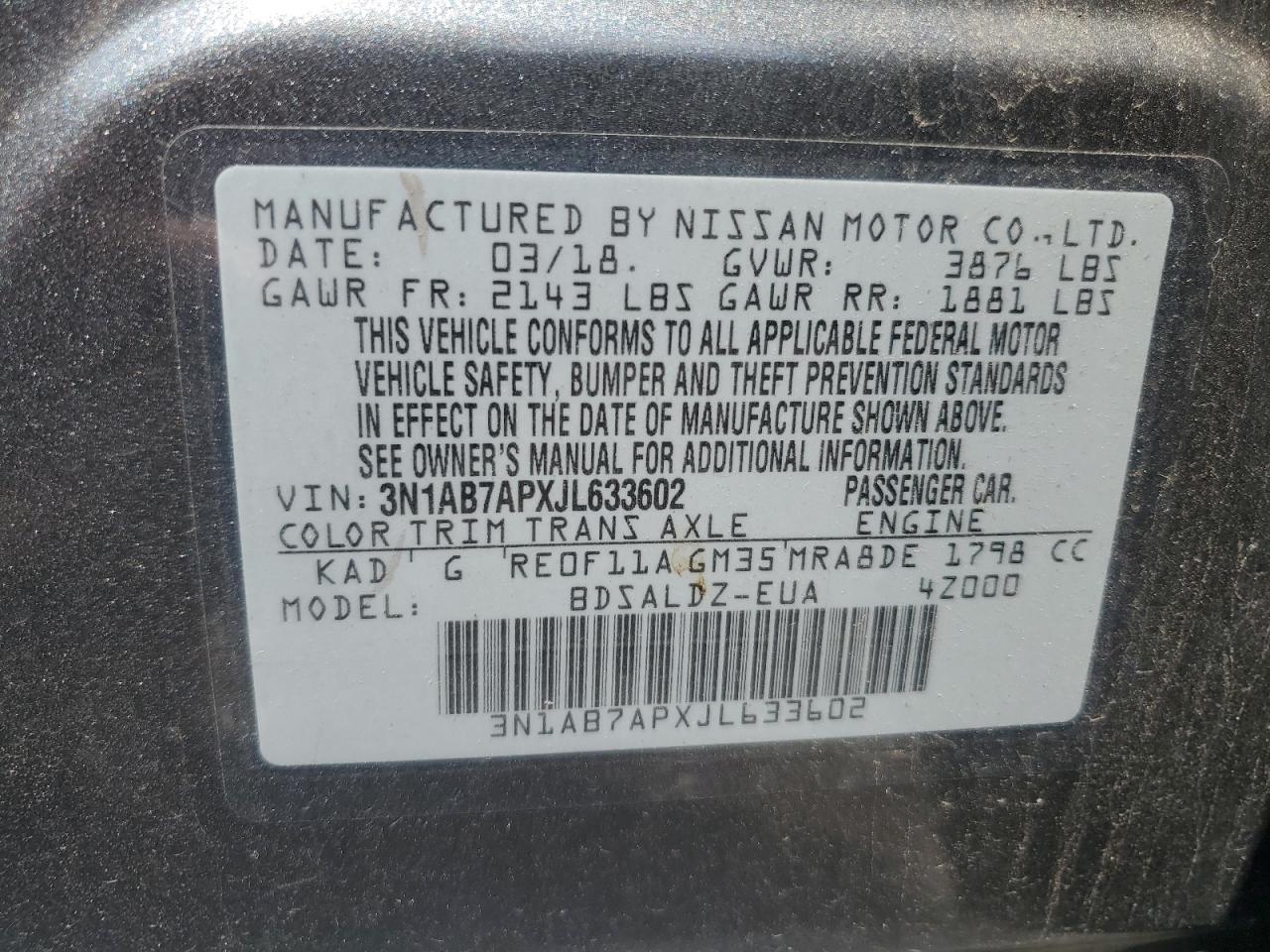 3N1AB7APXJL633602 NISSAN SENTRA 2018