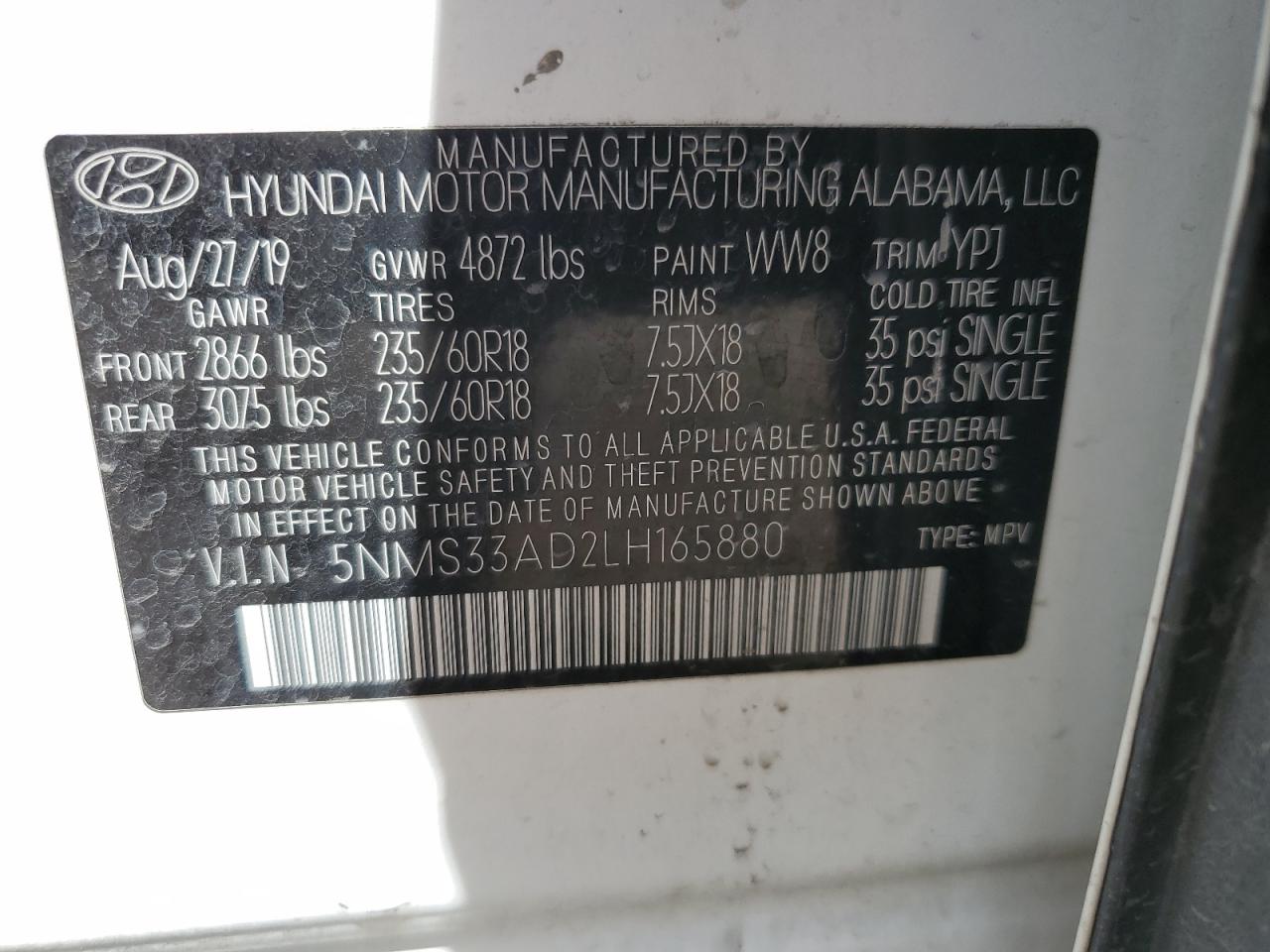 5NMS33AD2LH165880 2020 Hyundai Santa Fe Sel