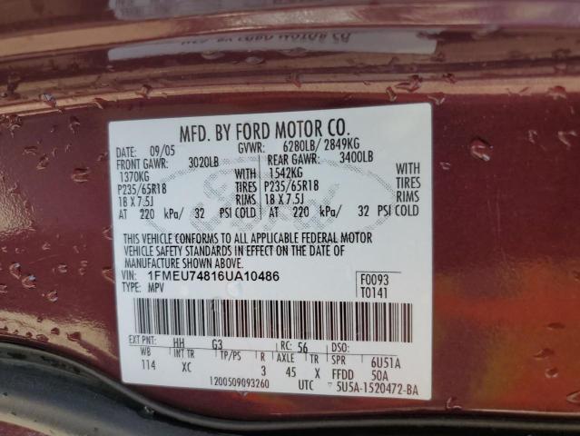 2006 Ford Explorer Eddie Bauer VIN: 1FMEU74816UA10486 Lot: 60066144