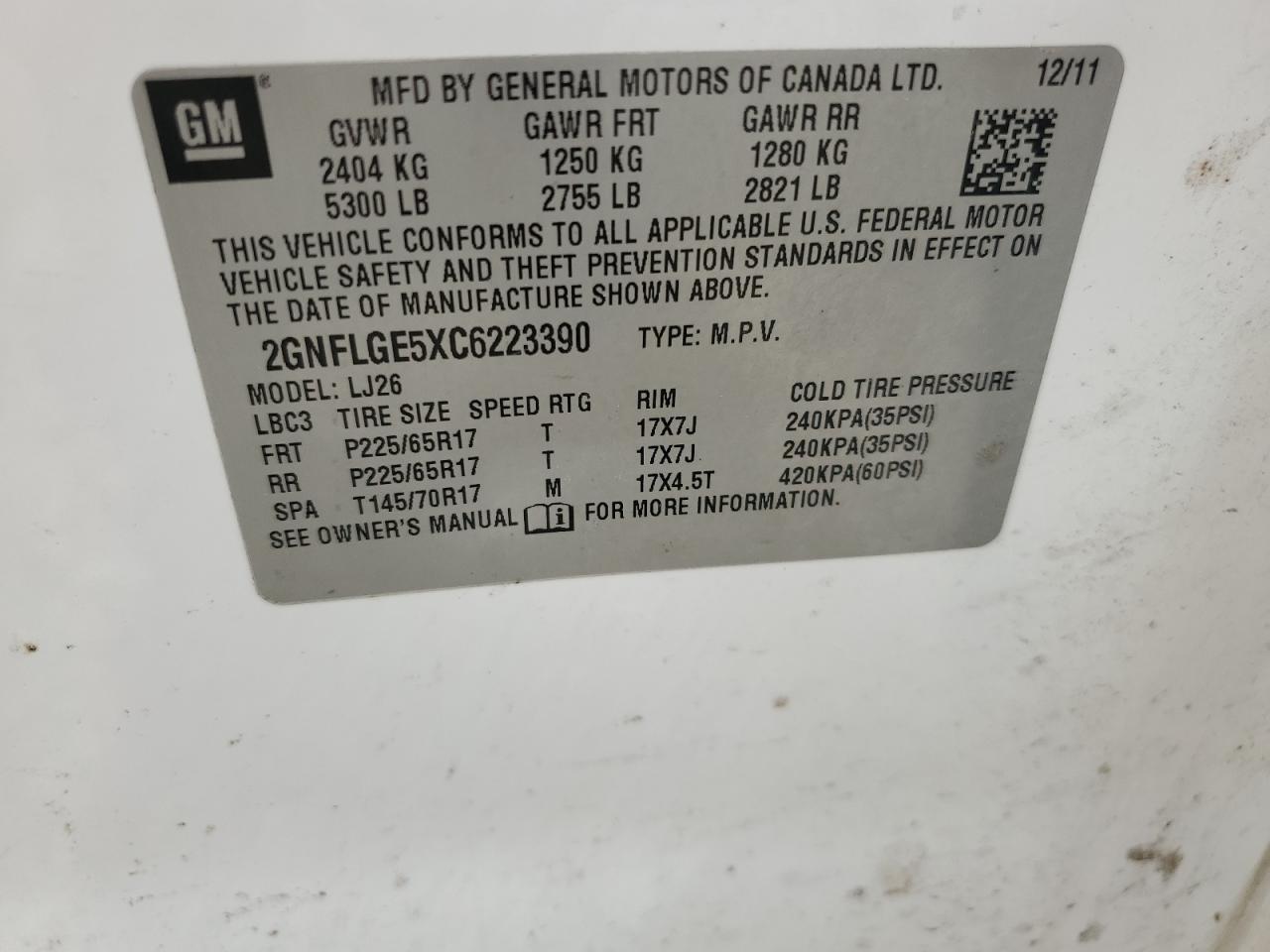 2012 Chevrolet Equinox Ltz vin: 2GNFLGE5XC6223390