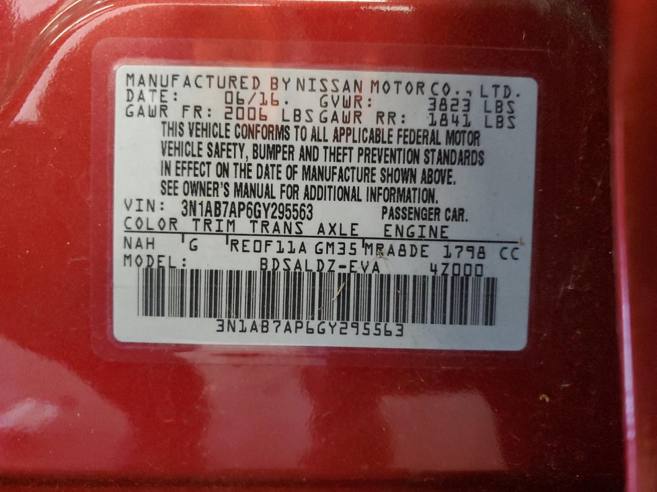 3N1AB7AP6GY295563 NISSAN SENTRA 2016