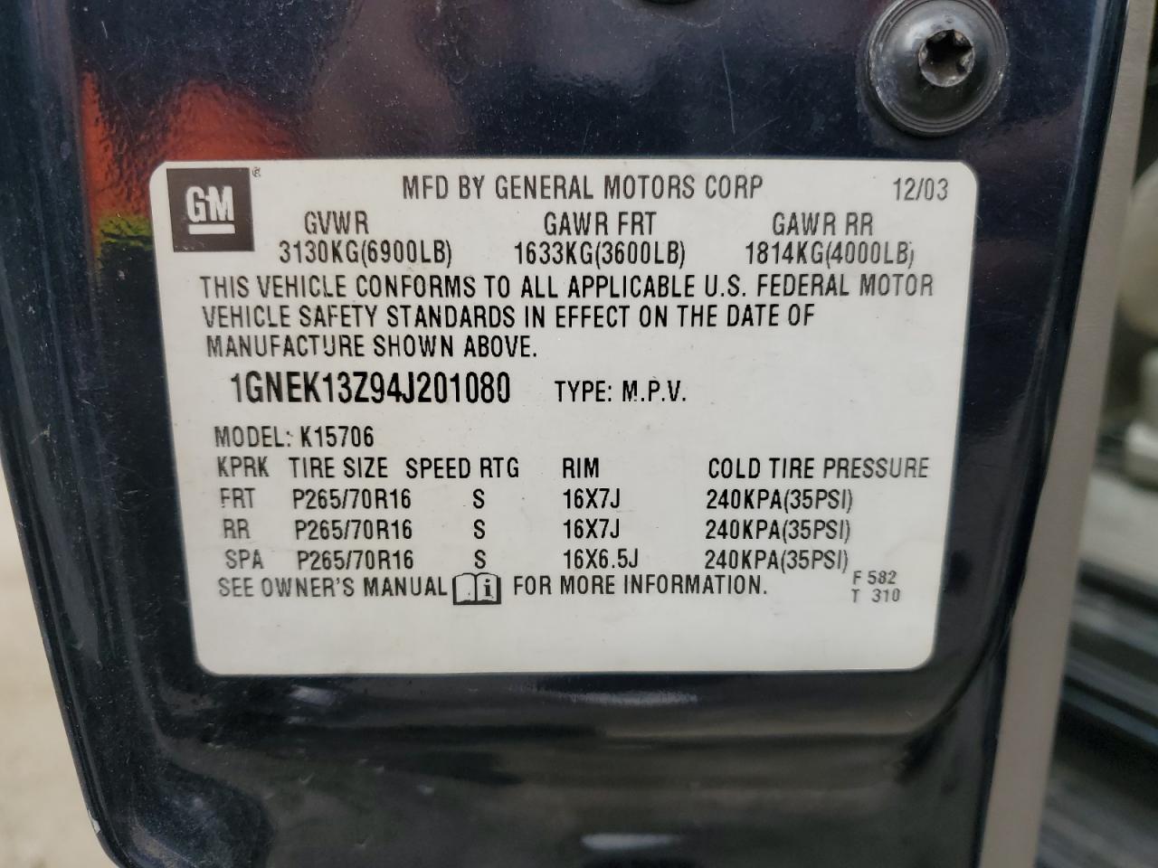 1GNEK13Z94J201080 2004 Chevrolet Tahoe K1500