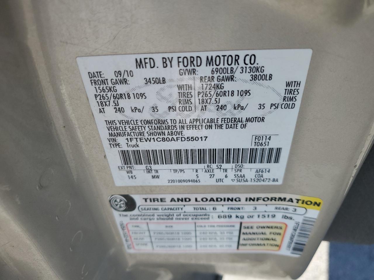 1FTEW1C80AFD55017 2010 Ford F150 Supercrew