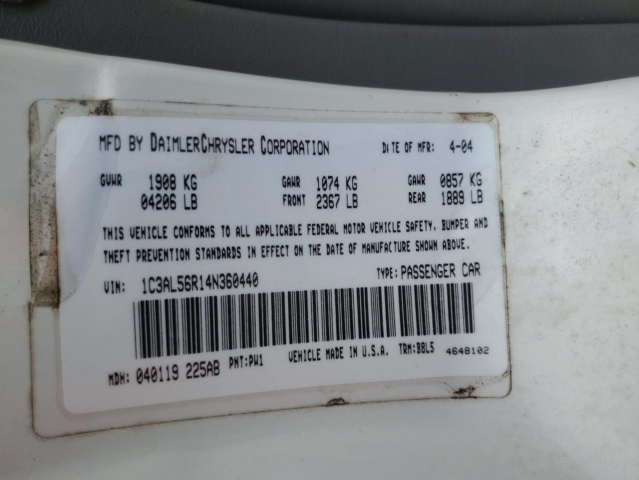 1C3AL56R14N360440 2004 Chrysler Sebring Lxi